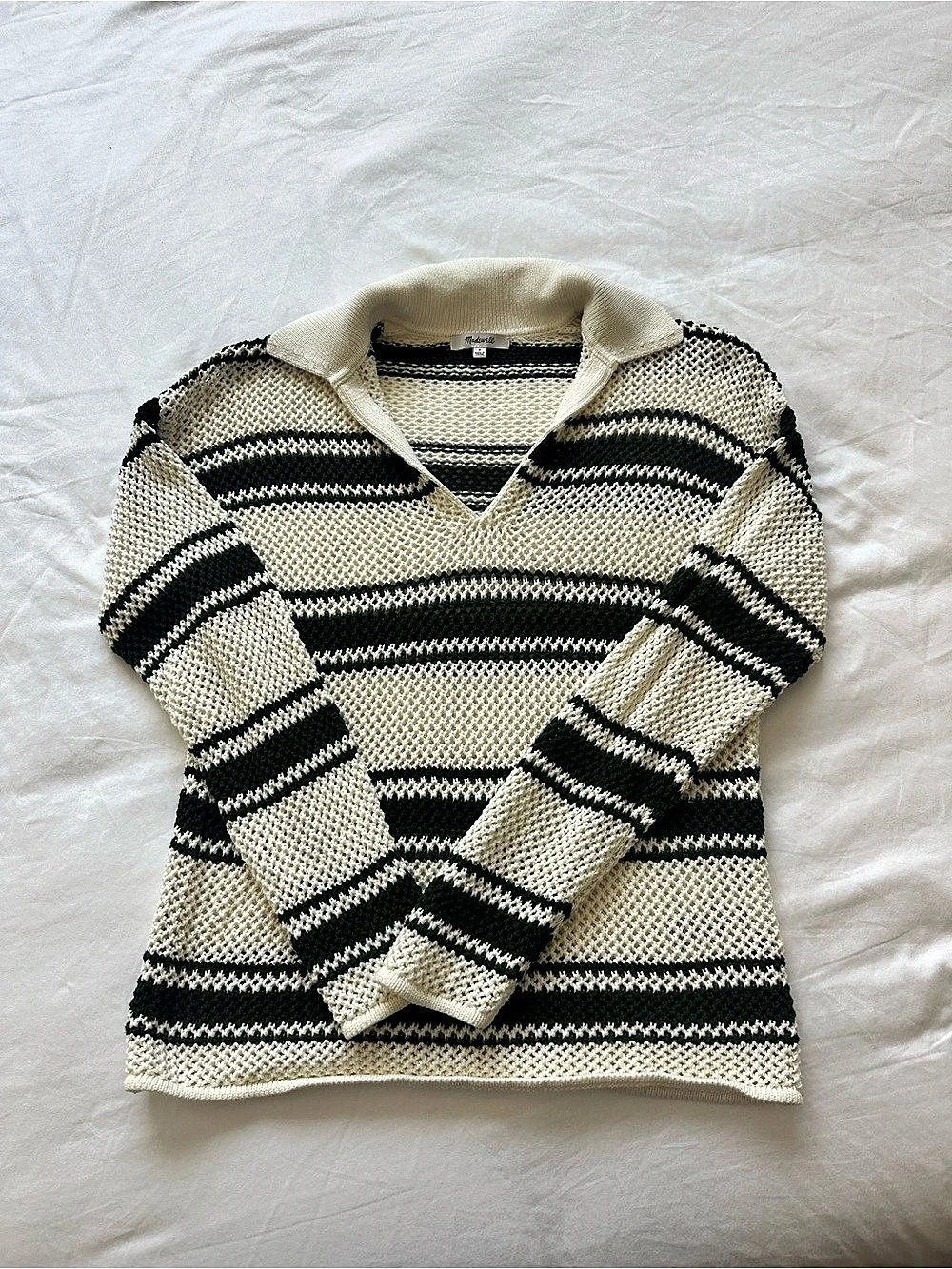 Madewell | Striped V-Neck Cotton Sweater in Cream & Forest Green Stripe
